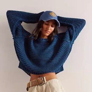 (NWT) We The Free People Heirloom Collection Crop Blue Linen Sweater S